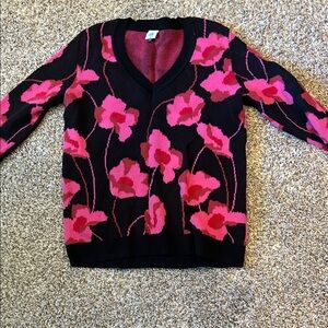 CAbi Black and Pink Floral V-Neck Sweater
